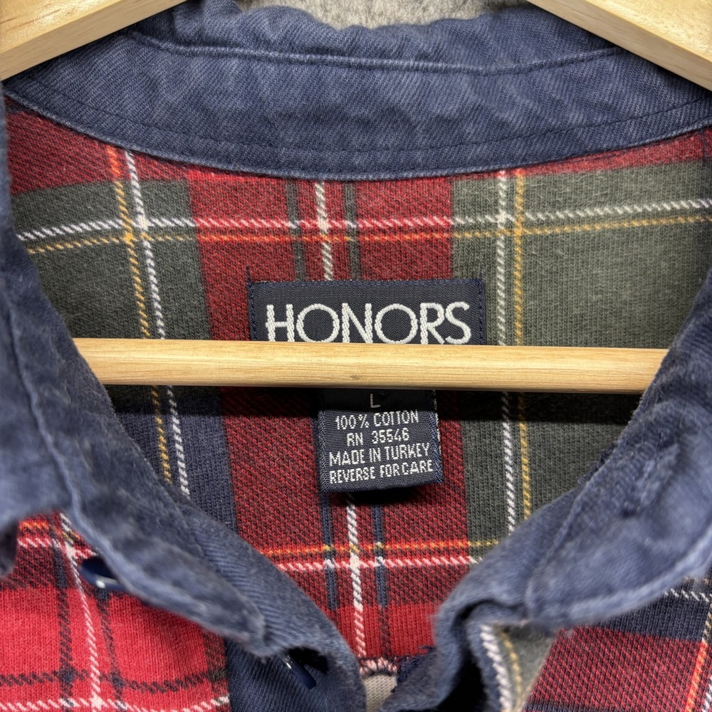 Vintage Honors Rugby Tartan Plaid Polo Shirt Men's Large 90s Preppy Long Sleeve - Picture 3 of 6